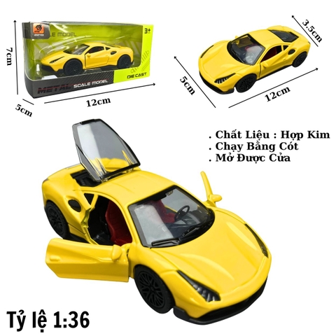Mô Hình xe Ferrari 458 màu vàng - tỉ lệ 1:36 Hợp kim có thể mở cửa - bánh sau chạy cót - Dài 12cm - rộng 5cm - cao 3.5cm - nặng : 200gram - FULL BOX : box màu