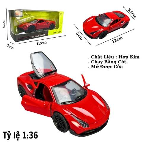 Mô Hình xe Ferrari 458 màu đỏ - tỉ lệ 1:36 Hợp kim có thể mở cửa - bánh sau chạy cót - Dài 12cm - rộng 5cm - cao 3.5cm - nặng : 200gram - FULL BOX : box màu