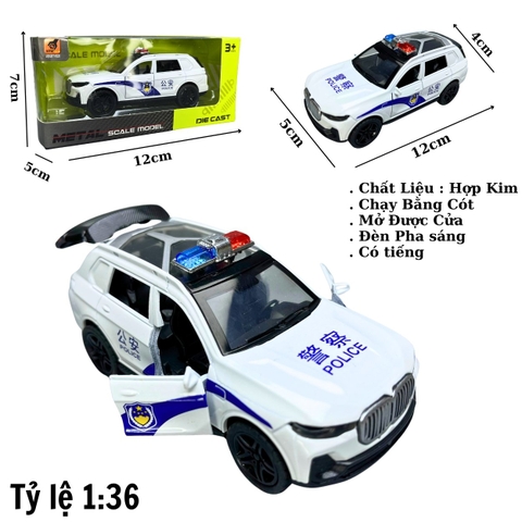 Mô Hình xe BMW X7 Police màu trắng - tỉ lệ 1:36 Hợp kim có thể mở cửa - bánh sau chạy cót - Dài 12cm - rộng 5cm - cao 4cm - nặng : 200gram - FULL BOX : box màu