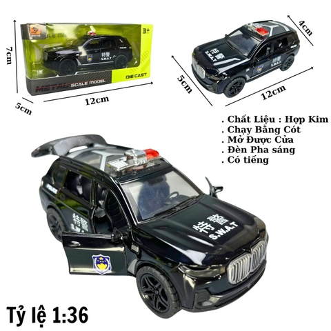 Mô Hình xe BMW X7 Police màu đen - tỉ lệ 1:36 Hợp kim có thể mở cửa - bánh sau chạy cót - Có tiếng - đèn pha sáng - Dài 12cm - rộng 5cm - cao 4cm - nặng : 200gram - FULL BOX : box màu
