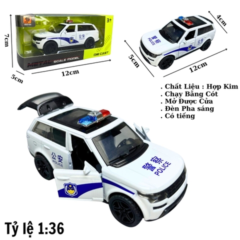 Mô Hình xe Range Rover Police màu trắng - tỉ lệ 1:36 Hợp kim có thể mở cửa - bánh sau chạy cót - Có tiếng - đèn pha sáng - Dài 12cm - rộng 5cm - cao 4cm - nặng : 200gram - FULL BOX : box màu