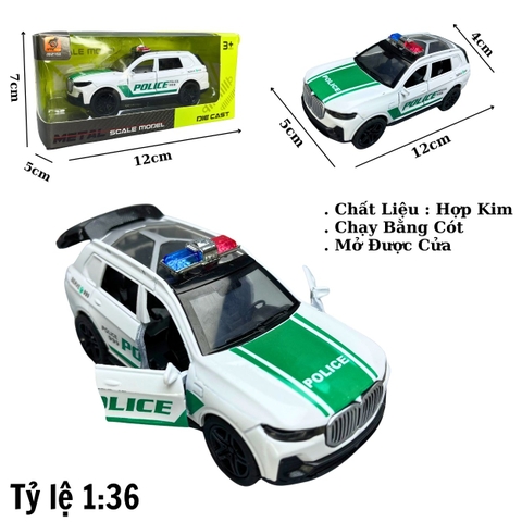 Mô Hình xe BMW X7 POLICE màu trắng tem xanh lá - tỉ lệ 1:36 Hợp kim có thể mở cửa - bánh sau chạy cót - Dài 12cm - rộng 5cm - cao 4cm - nặng : 200gram - FULL BOX : box màu