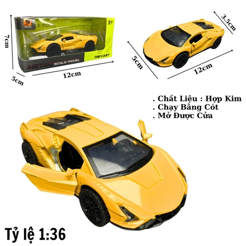 Mô Hình xe Lamborghini Revuelto màu vàng - tỉ lệ 1:36 Hợp kim có thể mở cửa - bánh sau chạy cót - Dài 12cm - rộng 5cm - cao 3.5cm - nặng : 200gram - FULL BOX : box màu