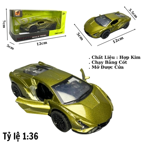 Mô Hình xe Lamborghini Revuelto màu xanh vàng - tỉ lệ 1:36 Hợp kim có thể mở cửa - bánh sau chạy cót - Dài 12cm - rộng 5cm - cao 3.5cm - nặng : 200gram - FULL BOX : box màu