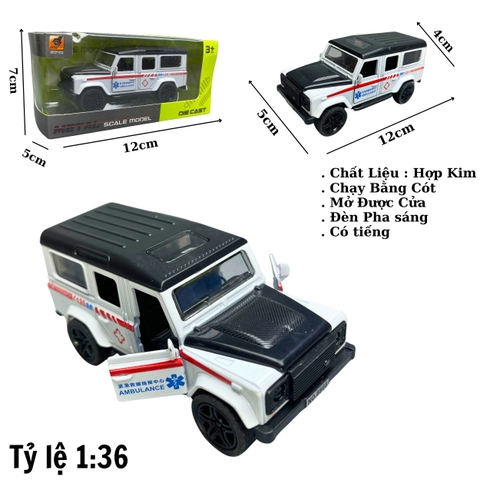 Mô Hình xe JEEP Cứu thương màu trắng - tỉ lệ 1:36 Hợp kim có thể mở cửa - bánh sau chạy cót - Có tiếng - đèn pha sáng - Dài 12cm - rộng 5cm - cao 4cm - nặng : 200gram - FULL BOX : box màu