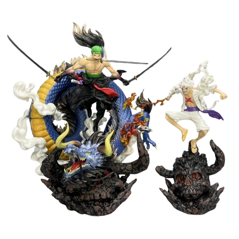 Mô Hình OnePiece 2 trong 1 Luffy gear 5 và Zoro enma đại chiến kaido rồng - Cao 20cm - ngang 15cm Nặng tổng thể : 350gram - Phụ kiện : 3 kiếm + 1 đảo đầu lâu + mô hình Luffy và Zoro - full box - có hộp màu