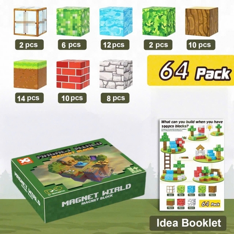 Đồ Chơi Khối Nam Châm Từ Tính Minecraft,Block Minecraft Nam Châm, Đồ Chơi Xây Dựng Cho Bé 1 Hộp 64 mảnh - Bản A