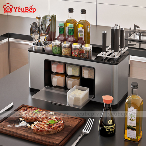 Kệ Gia Vị, Dao, Đũa, Muỗng Để Bàn Thông Minh Phiên Bản  2020 có nắp đậy