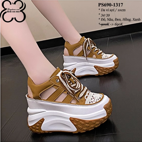 Giày Đế Cao Hở Gót Bít Mũi Phối Ren 10cm PS690-1317