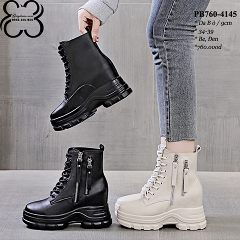 Bốt Cổ Ngắn Đế Xuồng 9cm Kéo Khoá Da Thật PB760-4145