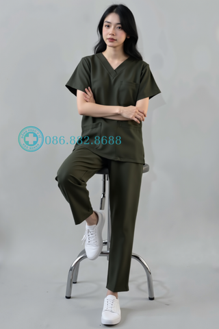 Mã 15- Bộ Scrubs Cổ Tim Màu Xanh Rêu - Vải FIONx Siêu Cấp