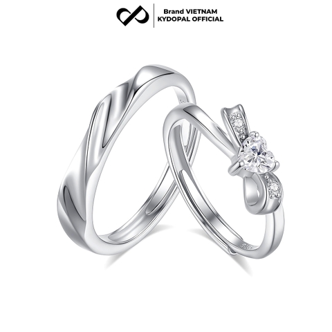 Nhẫn đôi bạc đeo nam nữ KYDOPAL nhẫn Nơ thắt đính đá trái tim ngọt ngào freesize - PAL9C11N3