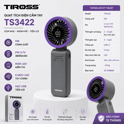Quạt sạc USB cầm tay mini Tiross TS3422