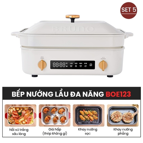 BẾP LẨU NƯỚNG ĐA NĂNG BRUNO DIGITAL 2.0 BOE123 [COMBO SET5 - TRẮNG]