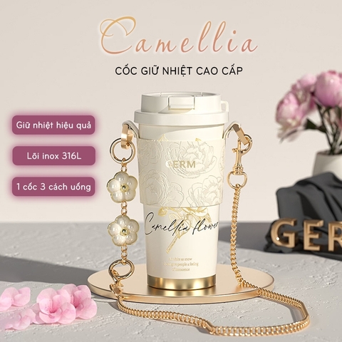 CỐC GIỮ NHIỆT LÕI INOX 316 CAO CẤP GERM PHONG CÁCH HOA SƠN TRÀ CAMELLIA
