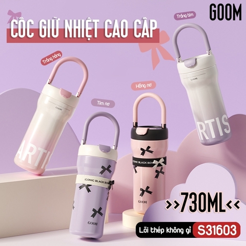 BÌNH GIỮ NHIỆT GOOM 730ML ARTIS QUAI XÁCH ĐÍNH NƠ DỄ THƯƠNG KHE UỐNG LỚN