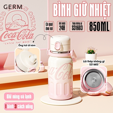 BÌNH GIỮ NHIỆT CAO CẤP INOX316L GIỮ NHIỆT 24H CHÍNH HÃNG GERM x COCACOLA KÈM ỐNG HÚT HỘP NGÂM TRÀ 850ML