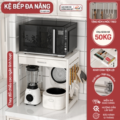 KỆ LÒ NƯỚNG KỆ BẾP ĐA NĂNG CÓ NGĂN KÉO LƯU TRỮ CHIỀU CAO TÙY CHỈNH LINH HOẠT KỆ BẾP 2 TẦNG Trắng-3T-R50 Sâu 40cm