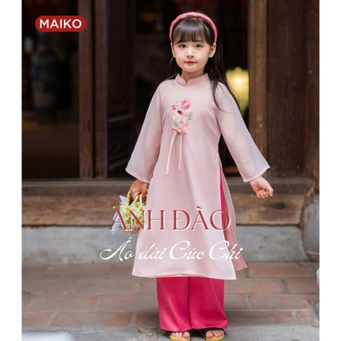 ÁO DÀI TƠ LỤA THÊU CÚC CHI BÉ GÁI ADTK002