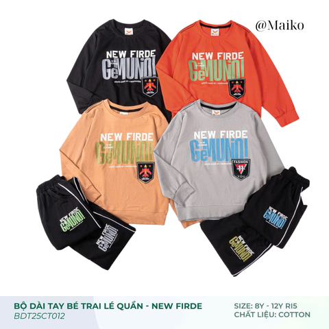 Bộ dài tay cotton Bé trai lé quần NEWFIRDE 8-12 Tuổi