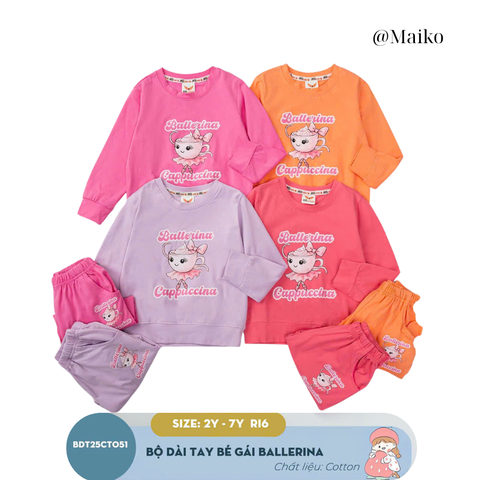 Bộ dài tay cotton Bé Gái Ballerina 2-7 Tuổi