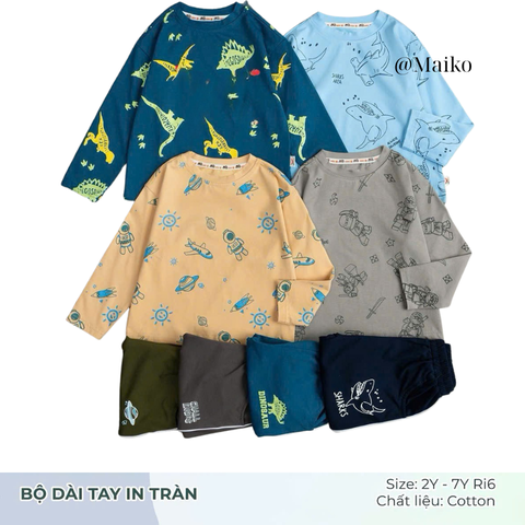 Bộ dài tay cotton Bé trai in tràn các hình 2-7 Tuổi