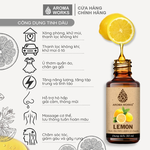 Tinh Dầu Chanh Thiên Nhiên Thơm Phòng, Dưỡng Tóc Aroma Works Lemon