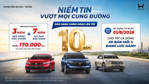 Chương trình bảo hành chính hãng lên tới 10 năm cho xe Ôtô tại Honda Sài Gòn - Bà Rịa