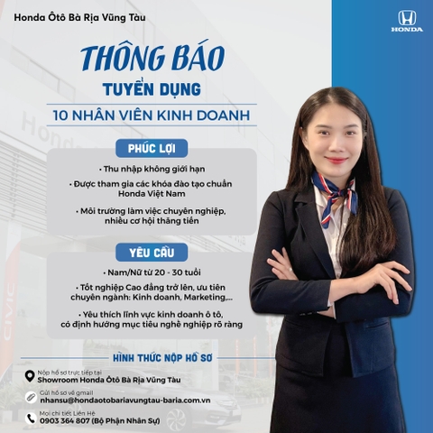 HONDA ÔTÔ BÀ RỊA VŨNG TÀU TUYỂN DỤNG