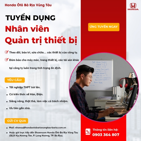 [TUYỂN DỤNG] NHÂN VIÊN QUẢN TRỊ THIẾT BỊ