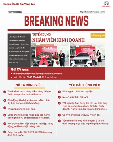 [THÔNG BÁO] TUYỂN DỤNG NHÂN VIÊN KINH DOANH XE Ô TÔ