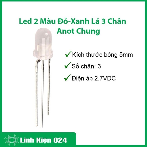 Led 2 Màu Đỏ-Xanh Lá 3 Chân Anot Chung (10 Con )