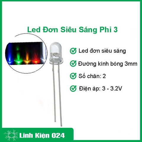 Led Đơn Siêu Sáng 3mm Gói 1000 Bóng - Chân Dài (Ánh Sáng Tinh Khôi)