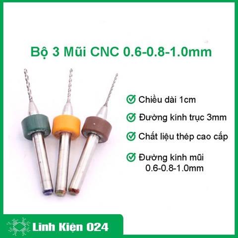 Bộ 3 Mũi Khoan CNC 0.6-0.8-1.0mm Mỗi Loại 01 Chiếc