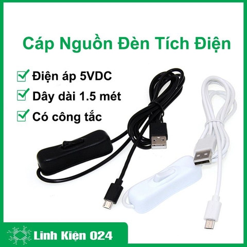 Dây Cáp Nguồn Đèn Tích Điện Có Công Tắc  USB 5VDC Chân Micro 1.5 Mét