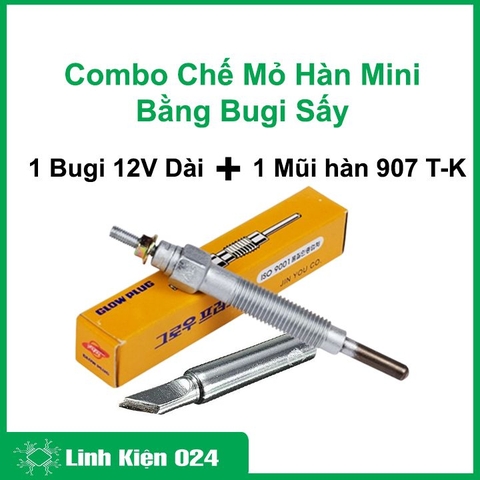 Bộ Chế Mỏ Hàn Mini Bằng Bugi Sấy 12v Cực Chất ( Gồm 1 Bugi Sấy Dài Và 1 Mũi Hàn 907 T-K )