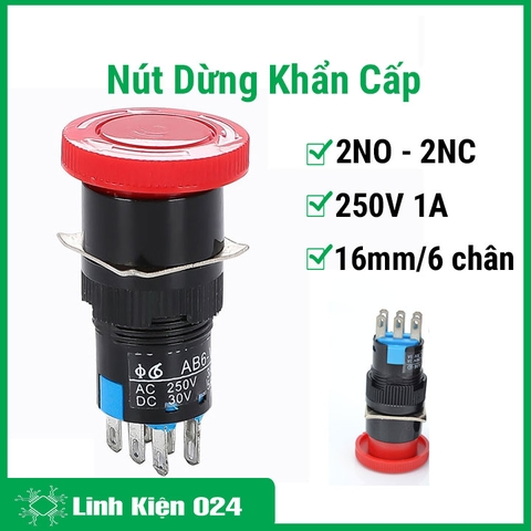 Nút Dừng Khẩn Cấp 16mm LAY16-11ZS 250V 1A 6 Chân 2 Thường Mở 2 Thường Đóng