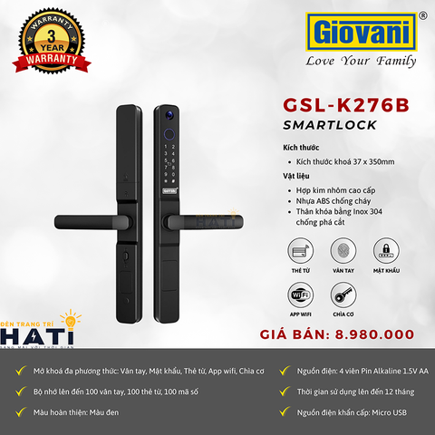 Khóa vân tay cửa nhôm kính  Giovani GSL-K276B màu đen