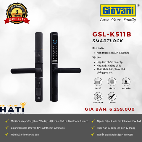Khóa vân tay cửa nhôm kính  Giovani GSL-K511S màu đen