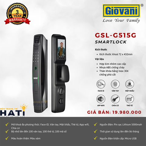 Khóa vân tay cửa gỗ Giovani GLS-G515G màu xám