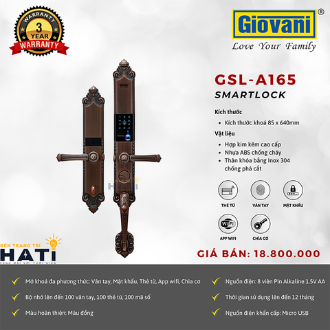 Khóa vân tay cổ điển Giovani GSL-A165 màu đồng
