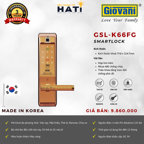 Khóa vân tay cửa gỗ Giovani GSL-K66 màu vàng