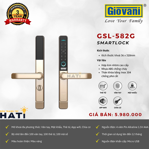 Khóa vân tay cửa nhôm kính  Giovani GSL-582G màu vàng