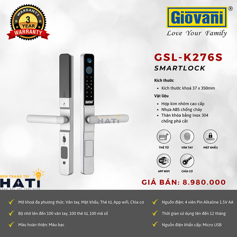 Khóa vân tay cửa nhôm kính  Giovani GSL-K276S màu bạc