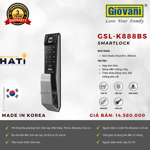 Khóa vân tay cửa gỗ Giovani GSL-K888BG màu đen bạc