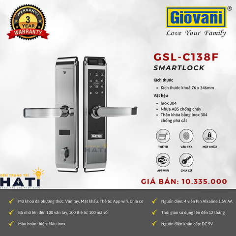 Khóa vân tay cửa gỗ Giovani GSL-C138F màu bạc