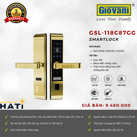 Khóa vân tay cửa gỗ Giovani GSL-118C87GG màu vàng