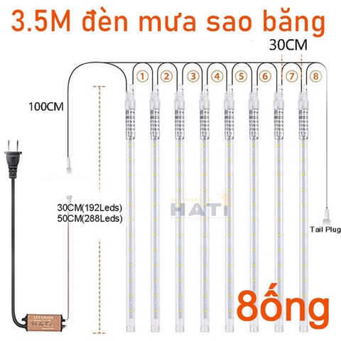 Bộ đèn led sao băng chùm 8 cây dài 3.5m (cắm điện)