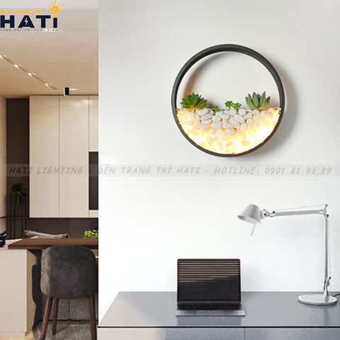 Đèn tường led sỏi đá và cây khung đen