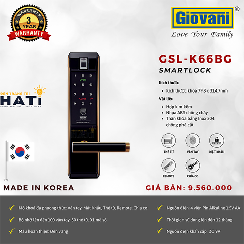 Khóa vân tay cửa gỗ Giovani GSL-F66 màu đen